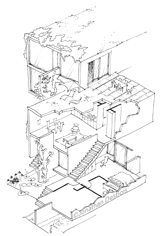 Dessin d’architecture en vue écorchée, dessiné au trait.
