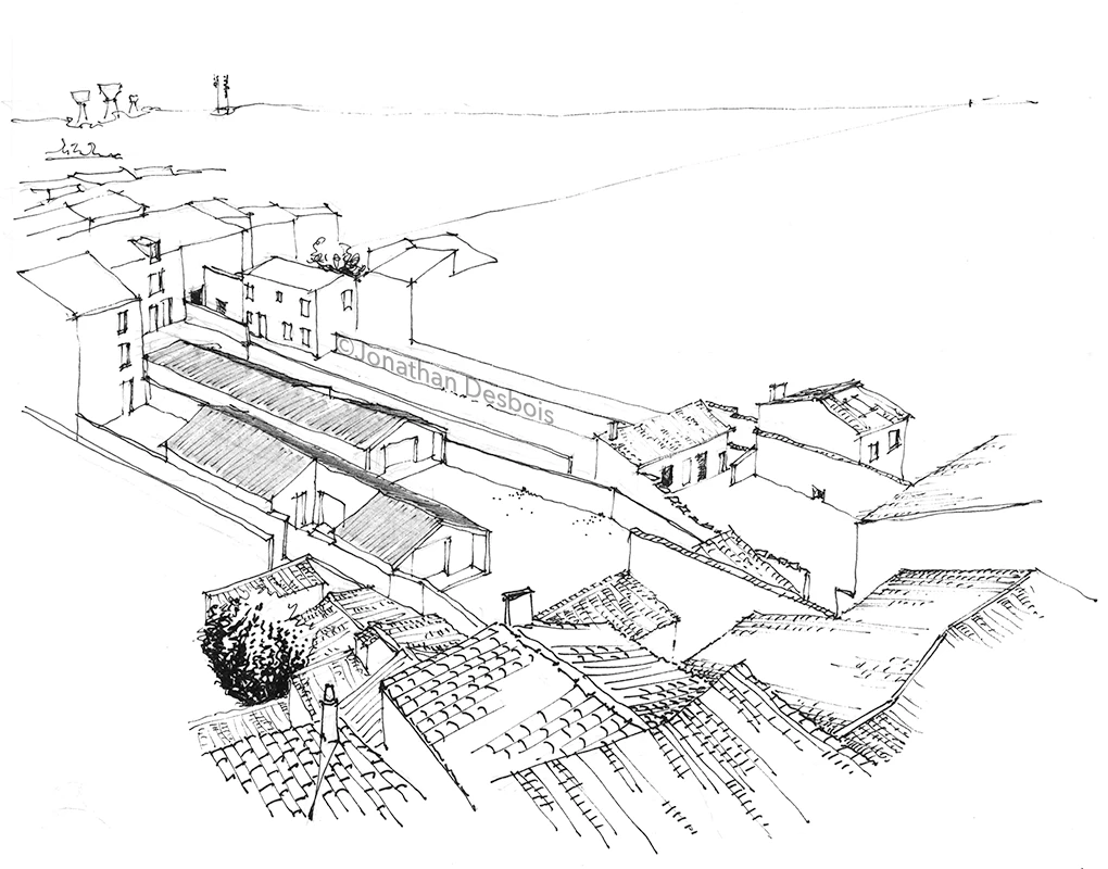 Dessin d’architecture et d'urbanisme, dessiné au trait.