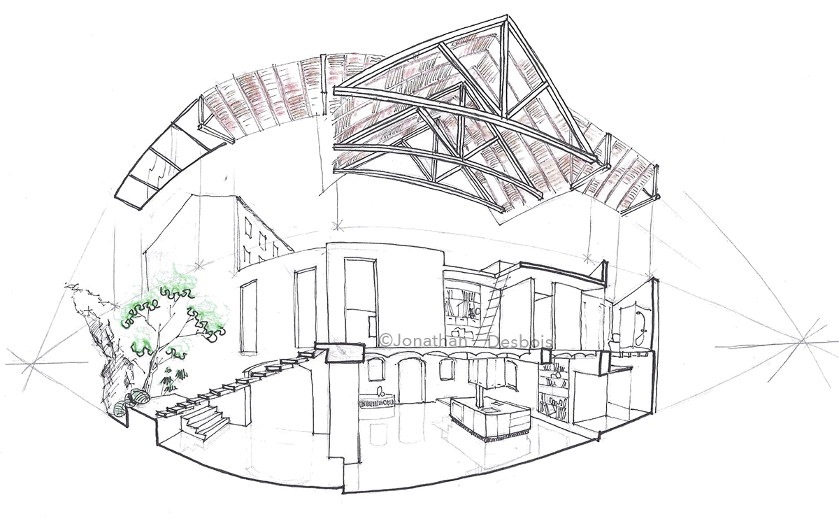 Croquis et esquisses d’architecture, dessinés au trait.