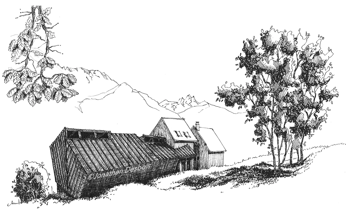 Croquis et esquisses d’architecture, dessinés au trait.