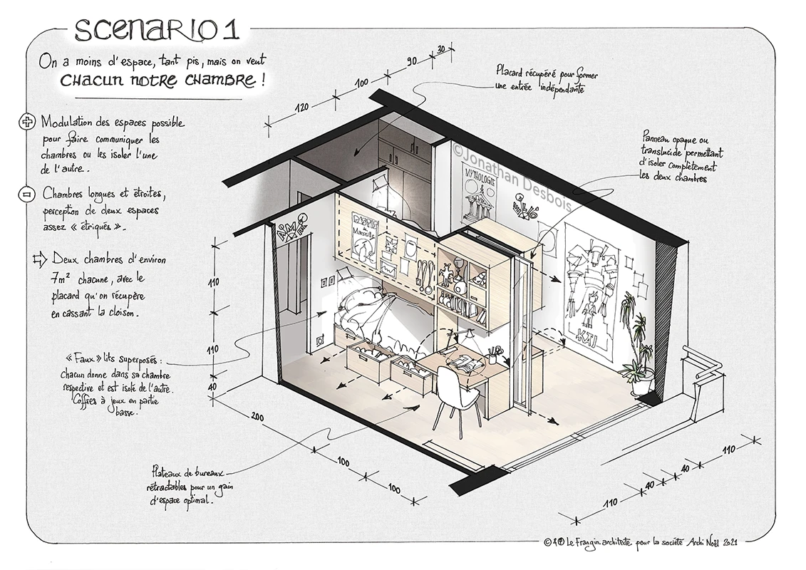 Esquisse pour l’architecture d’intérieur et le mobilier d’une chambre d’enfants, avec deux bureaux et deux lits.