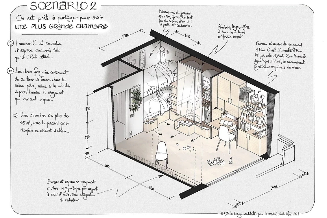 jonathan-desbois-illustration-architecture-interieur-3d-02 Esquisse pour l’architecture d’intérieur et le mobilier d’une chambre d’enfants, avec deux bureaux et deux lits.
