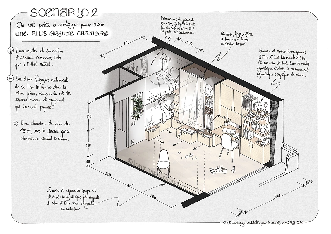 Esquisse pour l’architecture d’intérieur et le mobilier d’une chambre d’enfants, avec deux bureaux et deux lits.