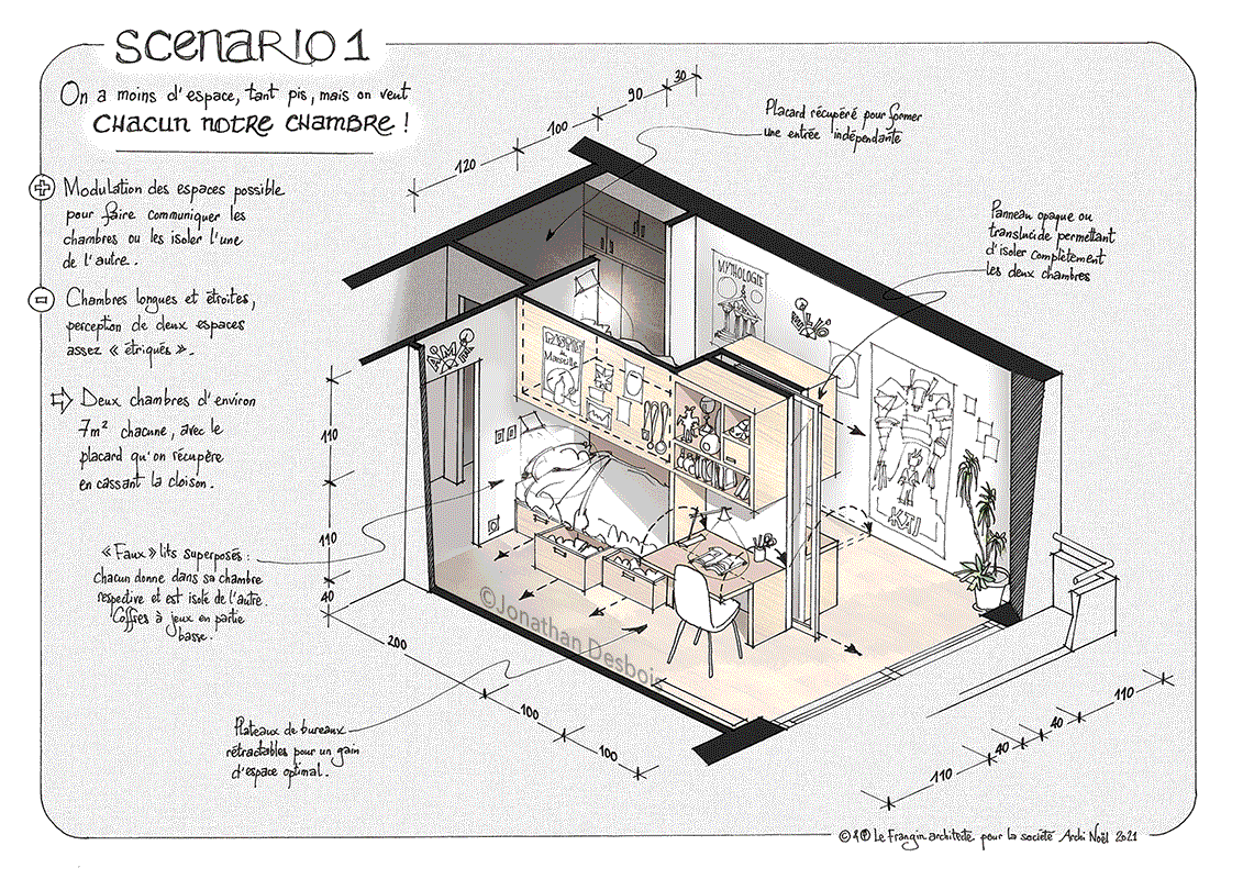 Animation montrant successivement deux aménagements intérieur d’une chambre d’enfants.