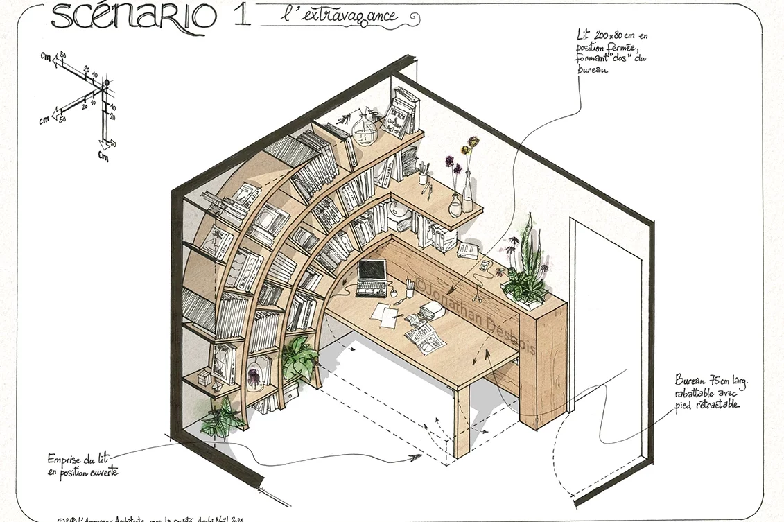 jonathan-desbois-illustration-architecture-interieur-3f-01 Aménagement intérieur et le mobilier d’une chambre, avec un bureau et un lit.