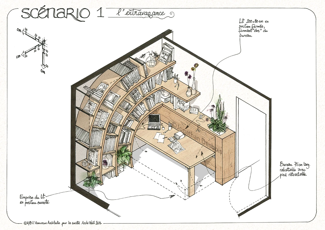 Aménagement intérieur et le mobilier d’une chambre, avec un bureau et un lit.