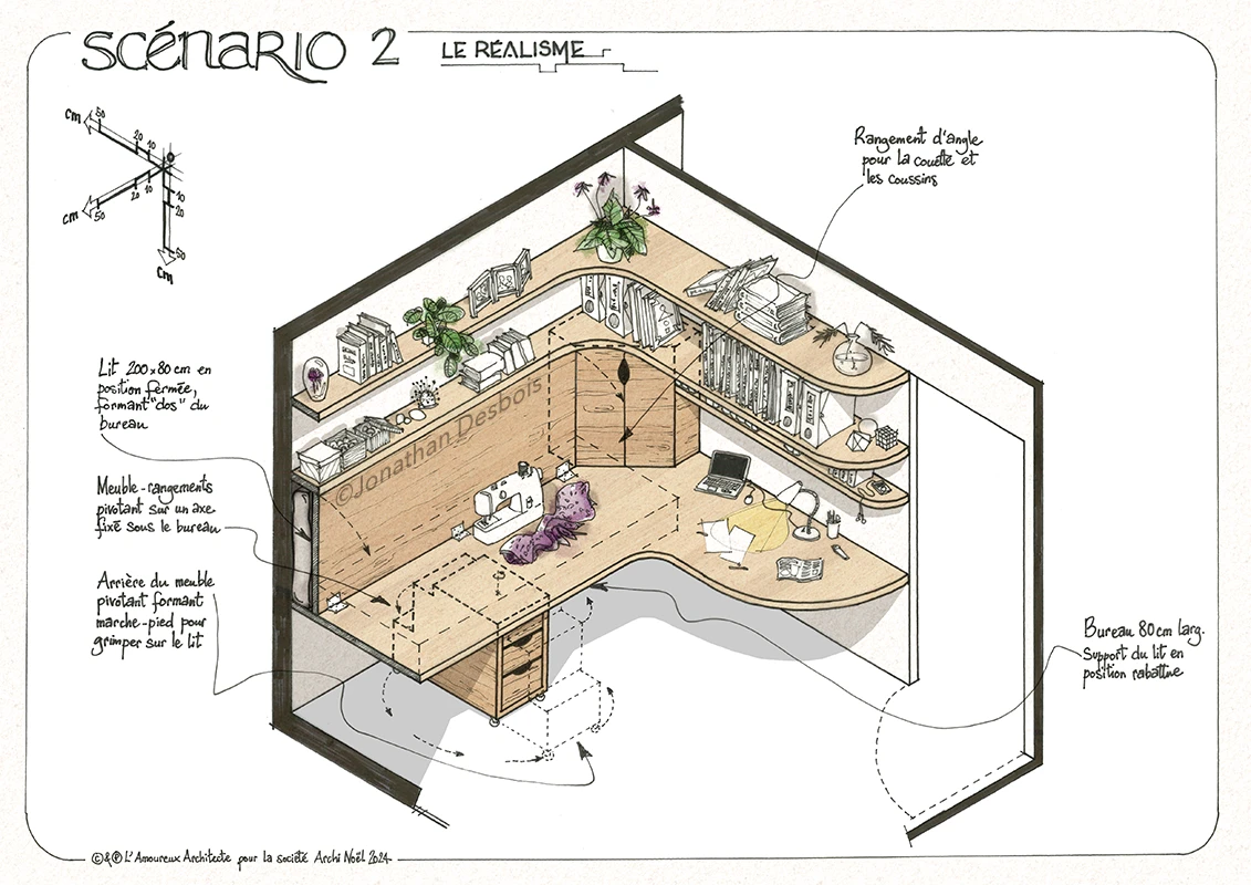 Aménagement intérieur et le mobilier d’une chambre, avec un bureau et un lit.