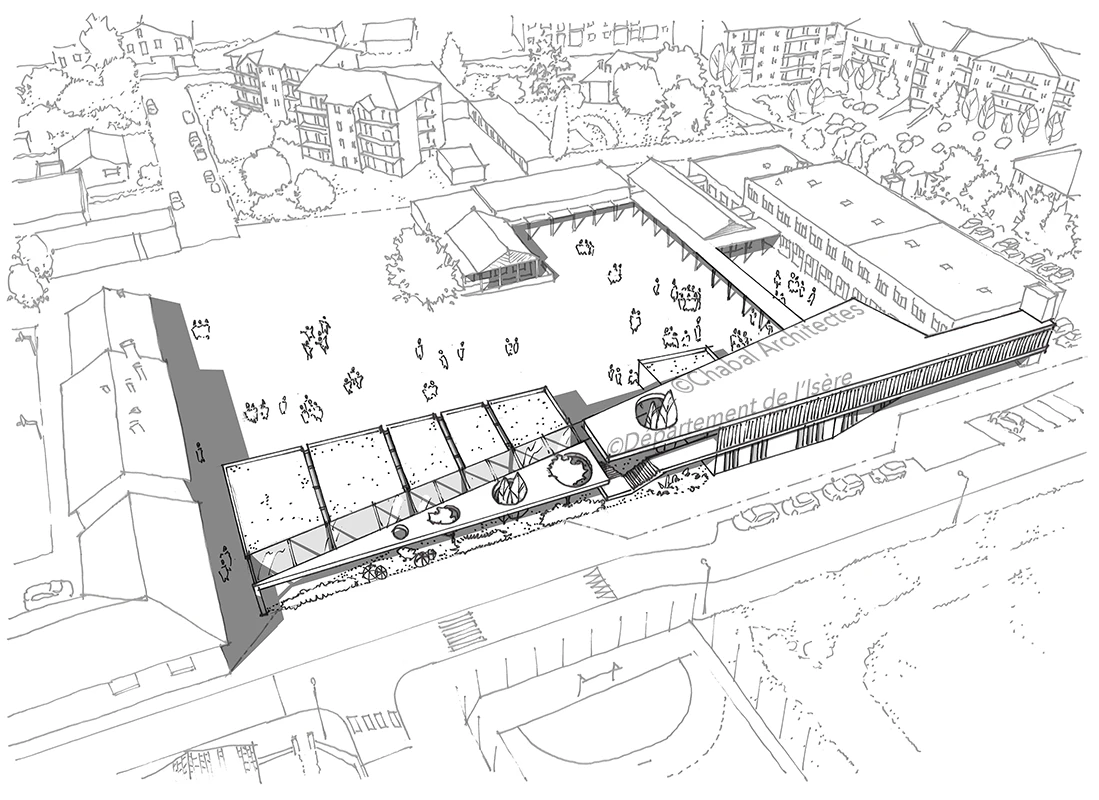 Illustration d’architecture pour un projet de logements collectifs et un collège.