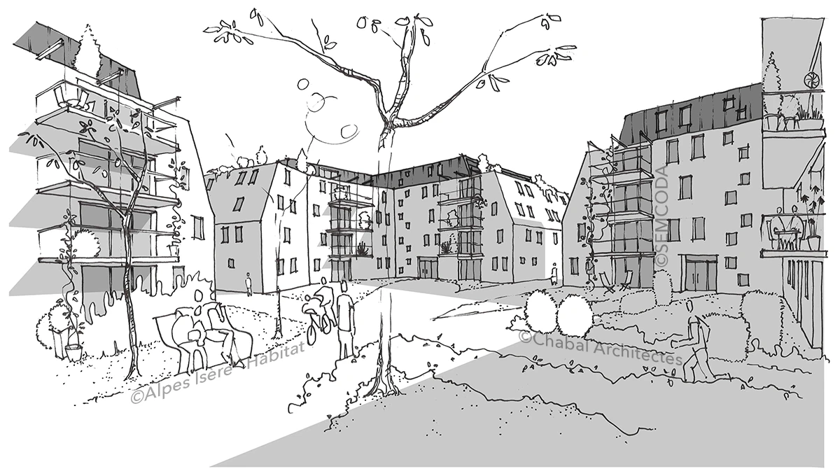 Illustration d’architecture pour un projet de logements collectifs et un collège.
