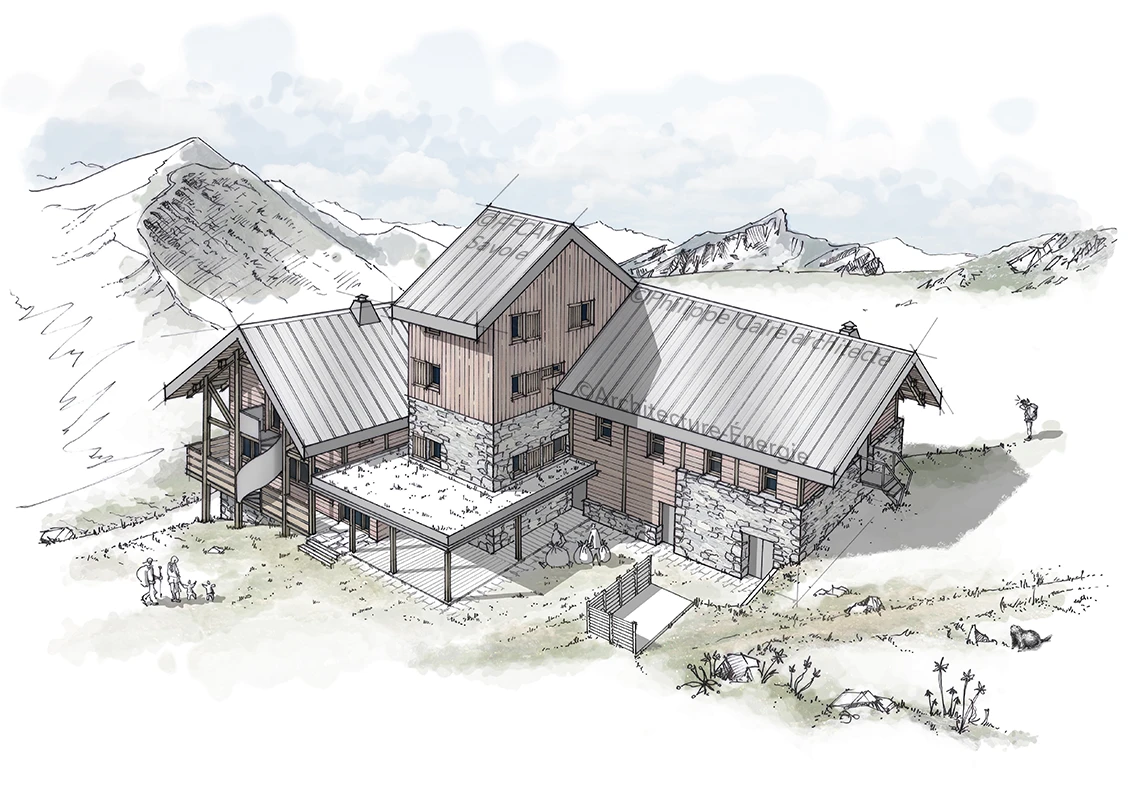 Perspective pour un concours d’architecture pour la rénovation et l’extension d’un refuge de haute-montagne.