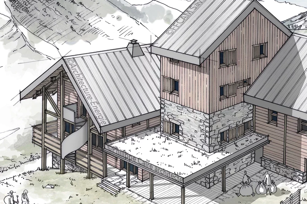 jonathan-desbois-illustration-architecture-perspective-3e-02 Perspective pour un concours d’architecture pour la rénovation et l’extension d’un refuge de haute-montagne.