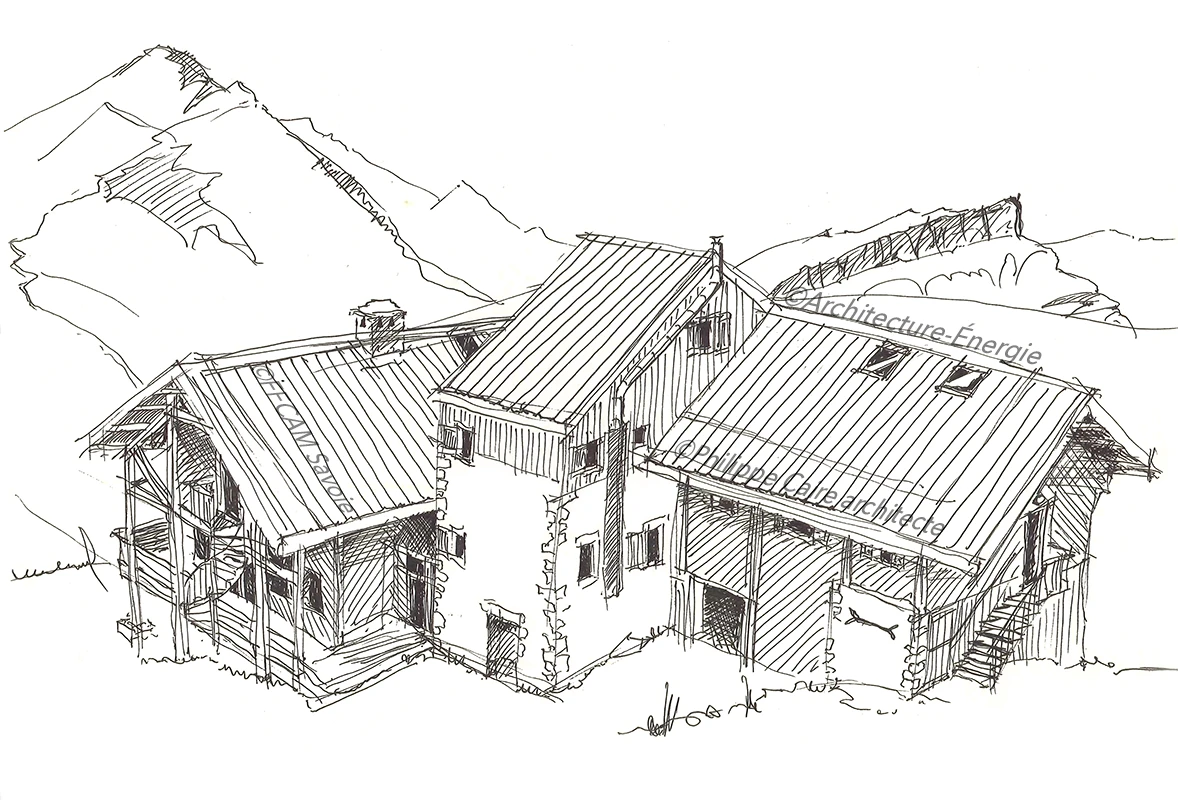 Croquis de l’état existant du refuge de la Croix du Bonhomme, en Savoie.