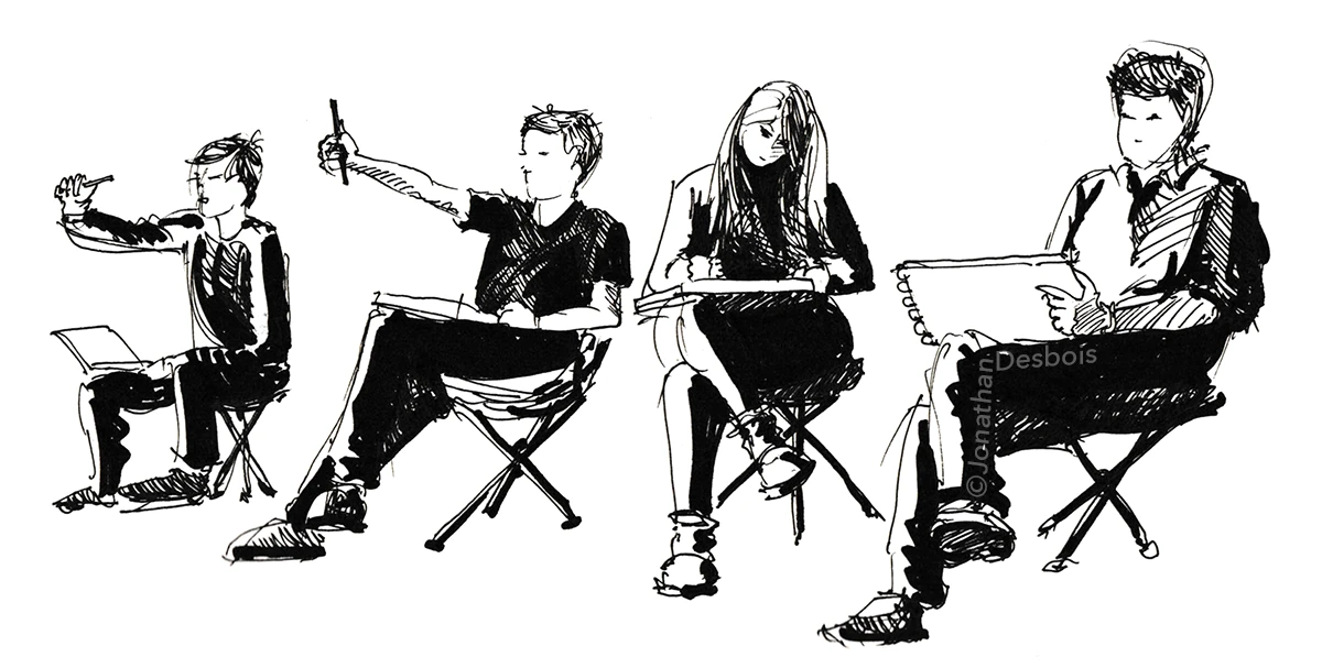 Croquis de personnages réalisant des esquisses sur leurs carnets, lors d’un atelier d’initiation au dessin.