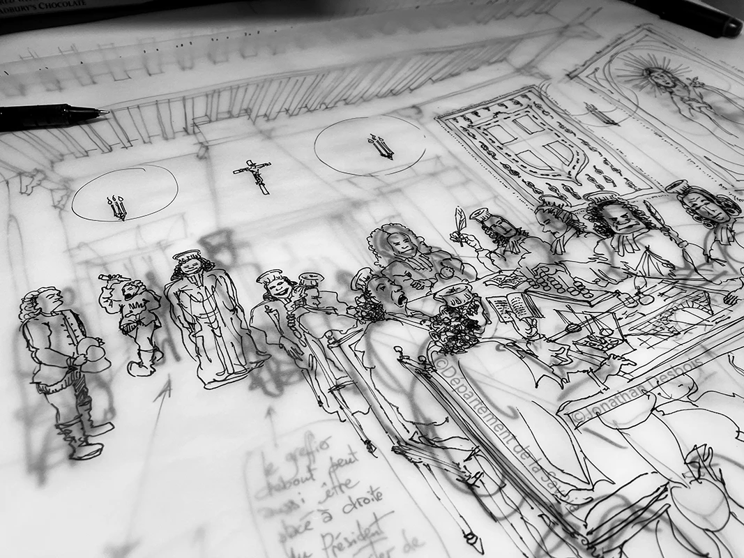 Photographie des esquisses préparatoires pour l’illustration de la Chambre des Comptes.