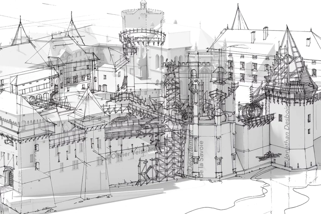 Maquette numérique du château dans son état actuel, pour la construction des futures esquisses de restitution historique.
