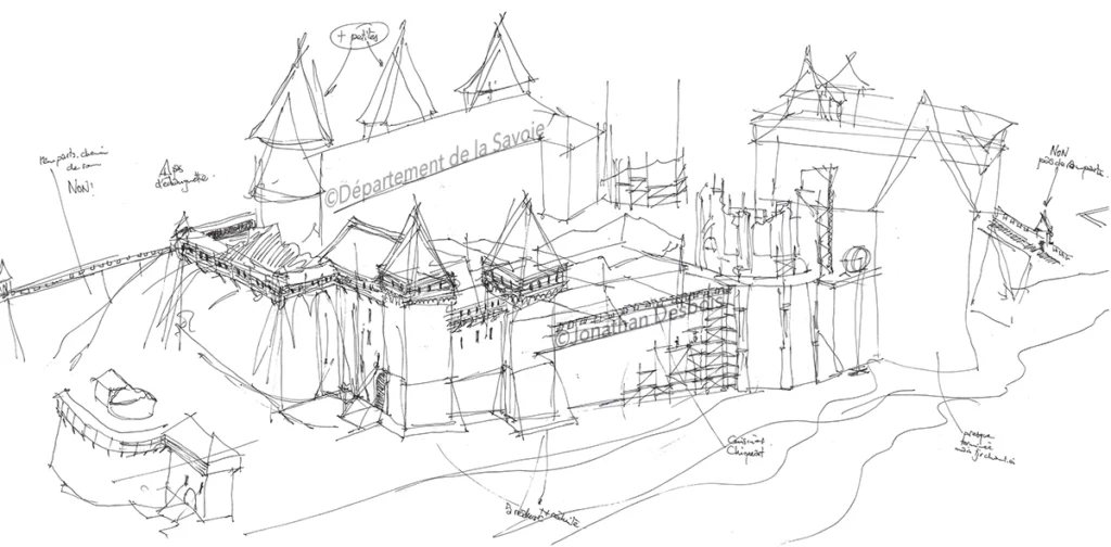 Esquisse préparatoire pour la reconstitution historique du château en chantier, à Chambéry, entre le 13ème et le 15ème siècle.