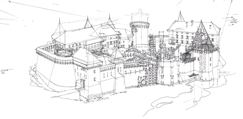 Esquisse préparatoire pour la reconstitution historique du château en chantier, à Chambéry, entre le 13ème et le 15ème siècle.