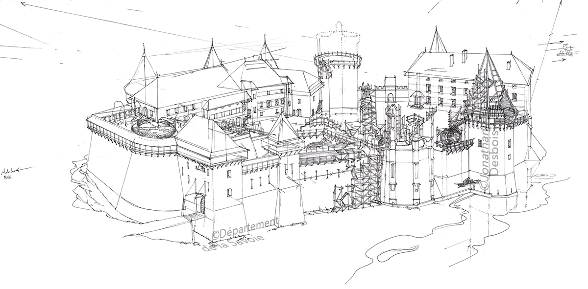 Esquisse préparatoire pour la reconstitution historique du château en chantier, à Chambéry, entre le 13ème et le 15ème siècle.