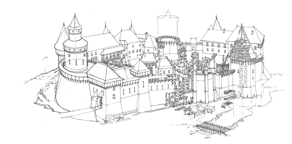 Esquisse préparatoire pour la reconstitution historique du château en chantier, à Chambéry, entre le 13ème et le 15ème siècle.