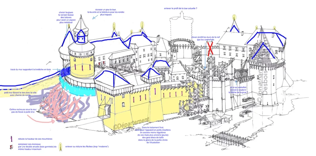 Esquisse préparatoire pour la reconstitution historique du château en chantier, à Chambéry, entre le 13ème et le 15ème siècle.