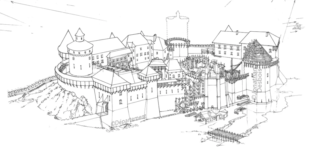 Esquisse préparatoire pour la reconstitution historique du château en chantier, à Chambéry, entre le 13ème et le 15ème siècle.
