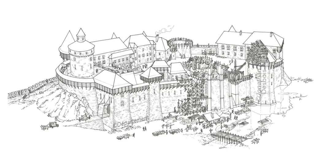 Illustration de restitution historique représentant le château des Ducs de Savoie en chantier, à Chambéry.