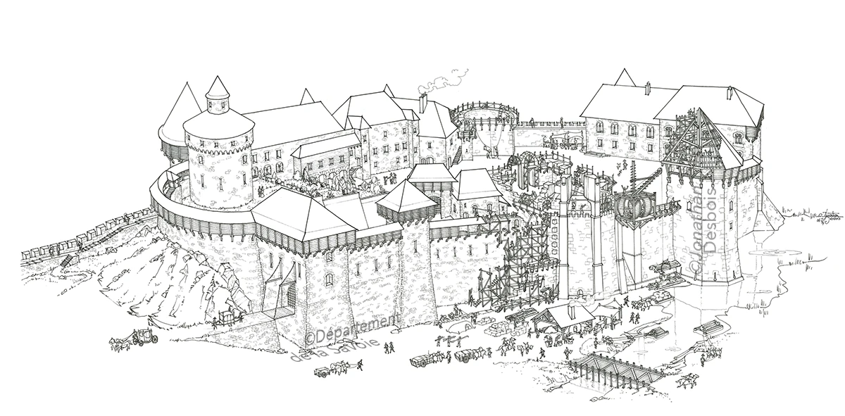 Illustration de restitution historique représentant le château des Ducs de Savoie en chantier, à Chambéry.