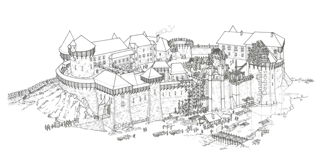 Illustration de restitution historique représentant le château des Ducs de Savoie en chantier, à Chambéry.