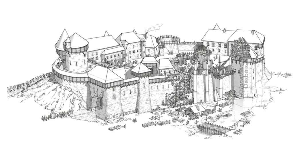 Illustration de restitution historique représentant le château des Ducs de Savoie en chantier, à Chambéry.