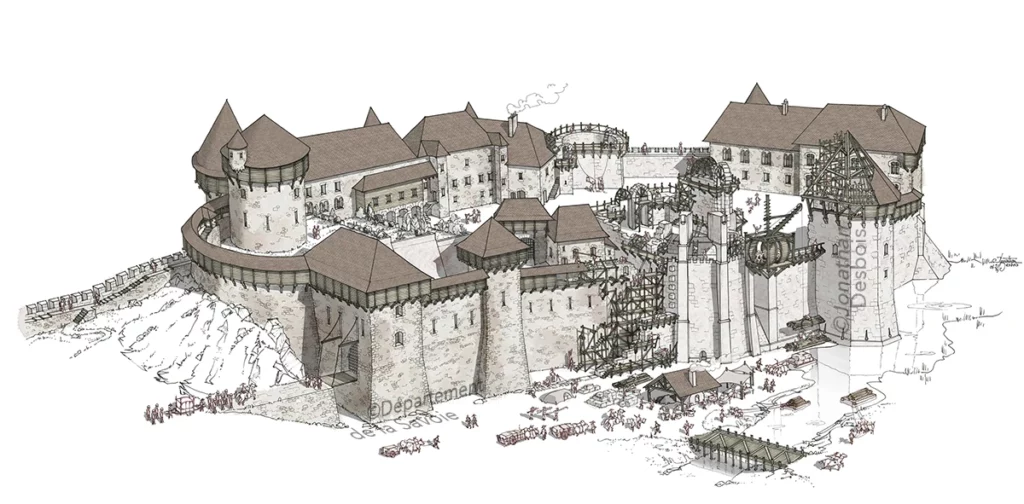 Illustration de restitution historique représentant le château des Ducs de Savoie en chantier, à Chambéry.