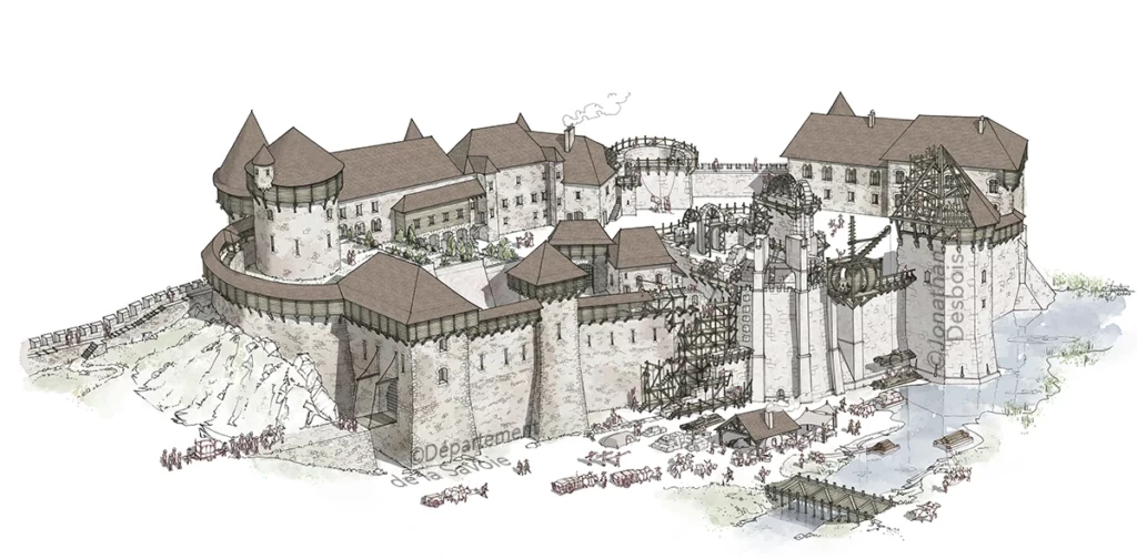 Illustration de restitution historique représentant le château des Ducs de Savoie en chantier, à Chambéry.