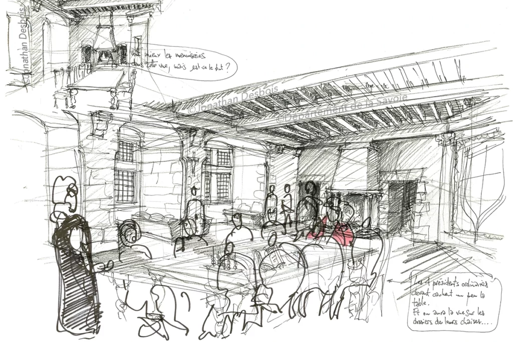 Esquisse préparatoire pour la restitution historique de la Chambre des Comptes au château des Ducs de Savoie.