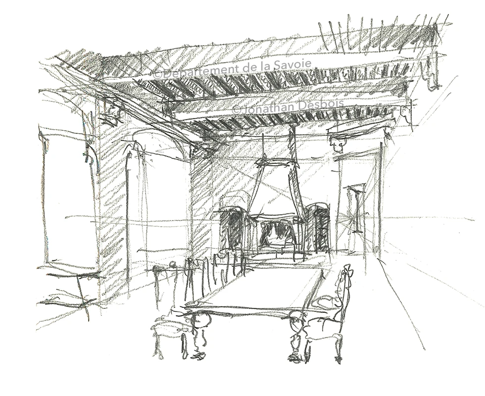 Esquisse préparatoire pour la restitution historique de la Chambre des Comptes au château des Ducs de Savoie.