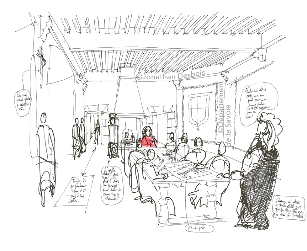 Esquisse préparatoire pour la restitution historique de la Chambre des Comptes au château des Ducs de Savoie.