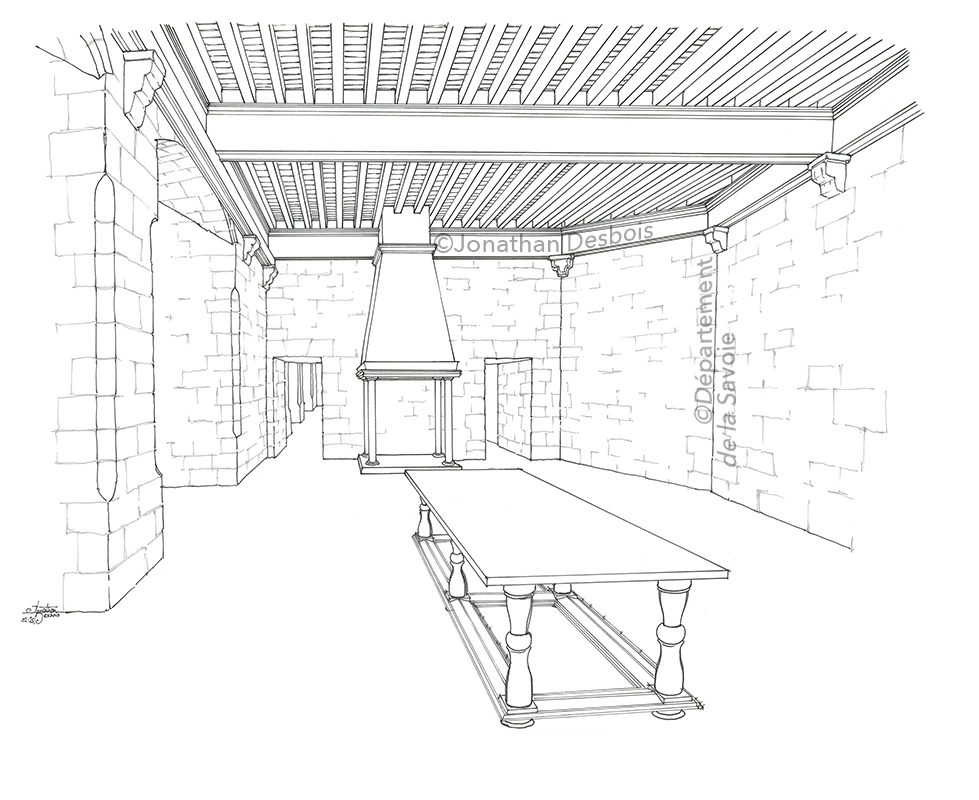 Esquisse préparatoire pour la restitution historique de la Chambre des Comptes au château des Ducs de Savoie.
