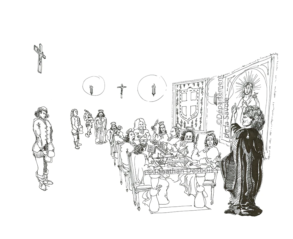 Esquisse préparatoire pour les personnages de la Chambre des Comptes au château des Ducs de Savoie.