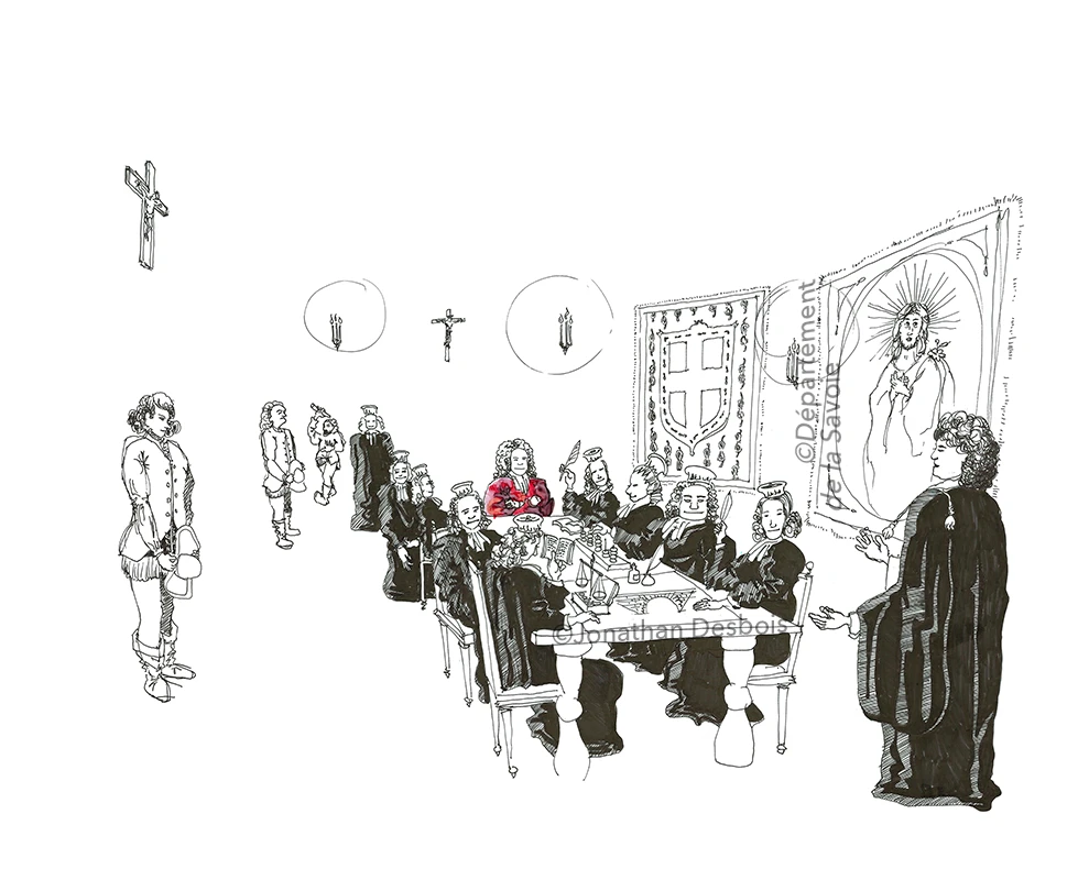 Esquisse préparatoire pour les personnages de la Chambre des Comptes au château des Ducs de Savoie.