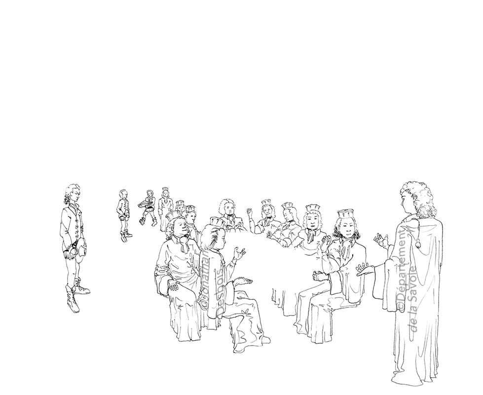 Illustration représentant une séance de la Chambre des Comptes au château des Ducs de Savoie.