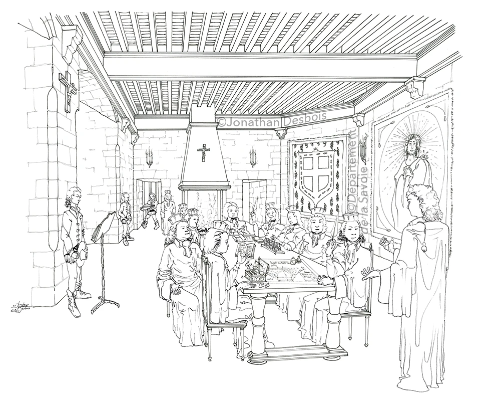 Illustration représentant une séance de la Chambre des Comptes au château des Ducs de Savoie.