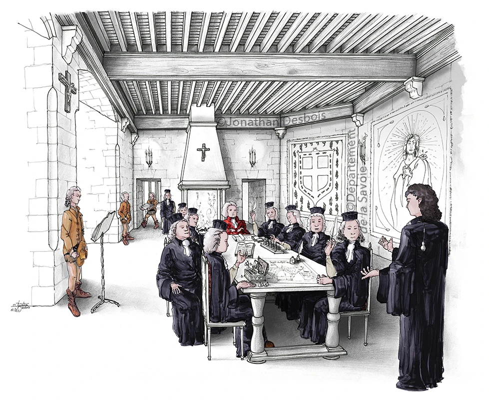Illustration représentant une séance de la Chambre des Comptes au château des Ducs de Savoie.