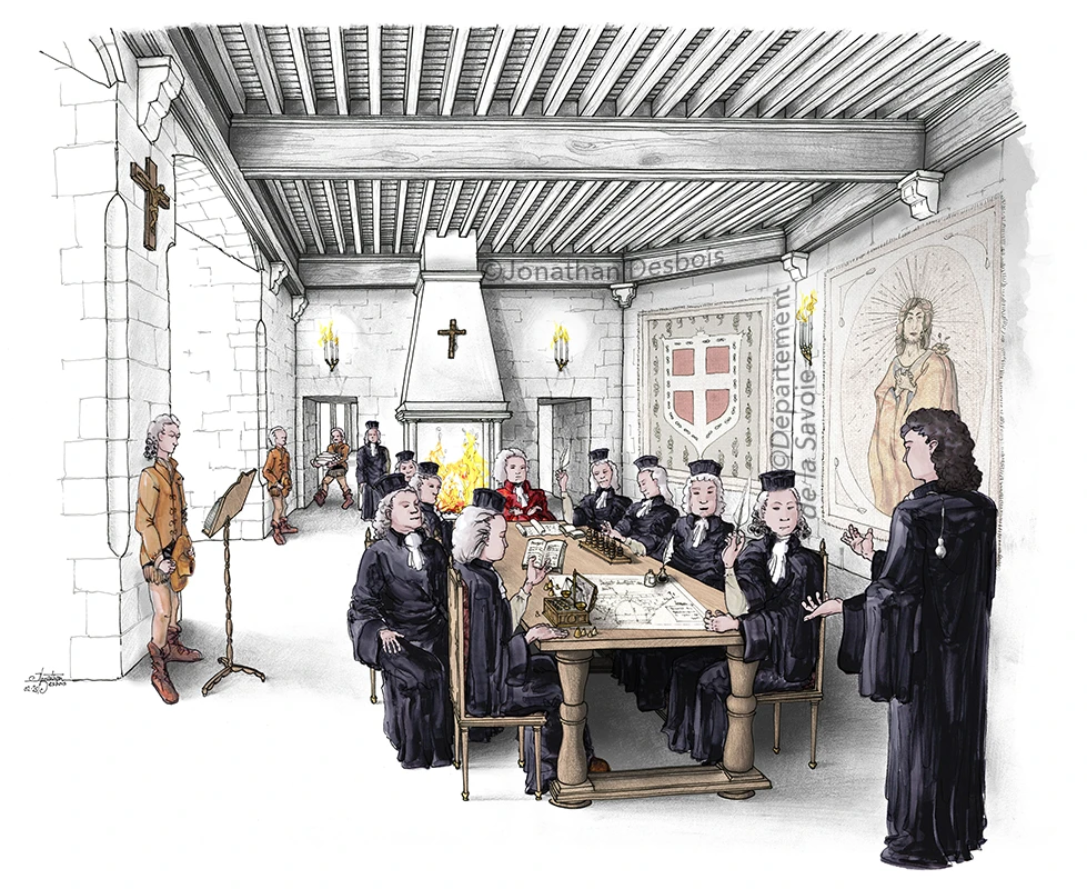 Illustration représentant une séance de la Chambre des Comptes au château des Ducs de Savoie.