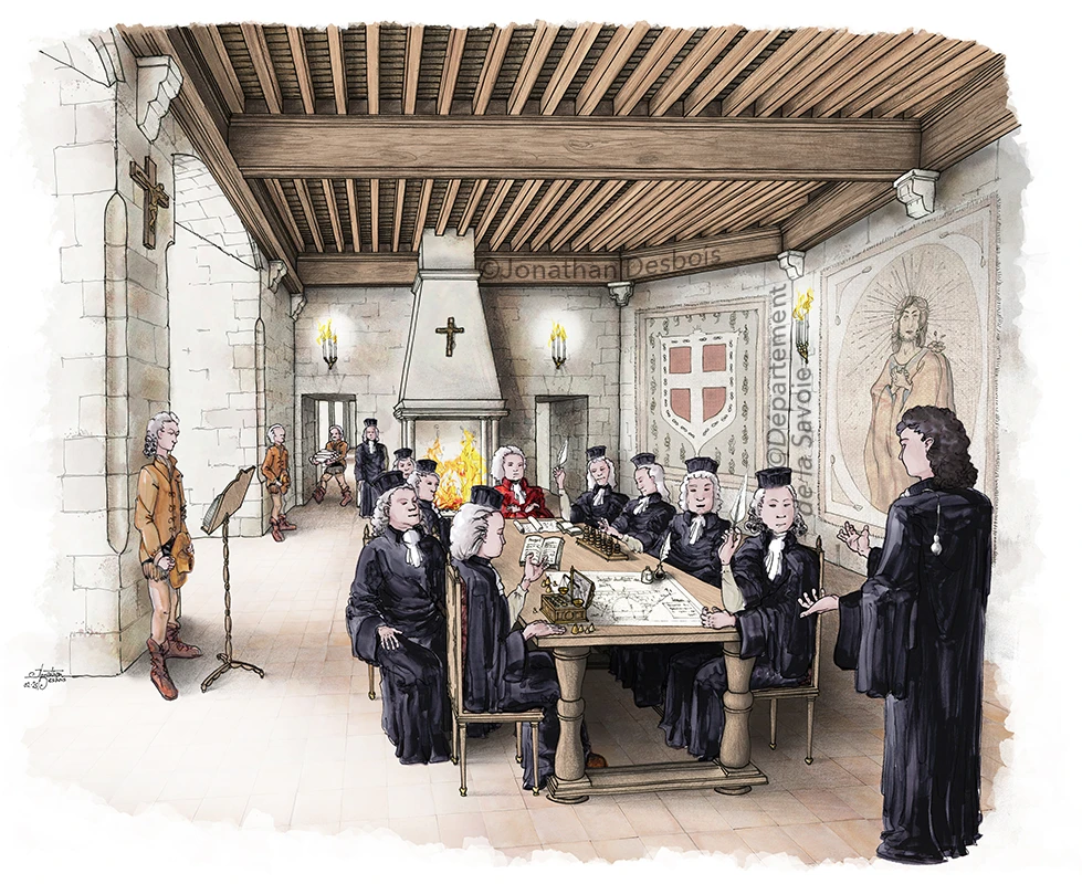 Illustration représentant une séance de la Chambre des Comptes au château des Ducs de Savoie.