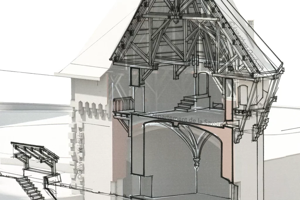 Maquette numérique des tours médiévales dans leur état actuel, pour la construction des futures esquisses de restitution historique.