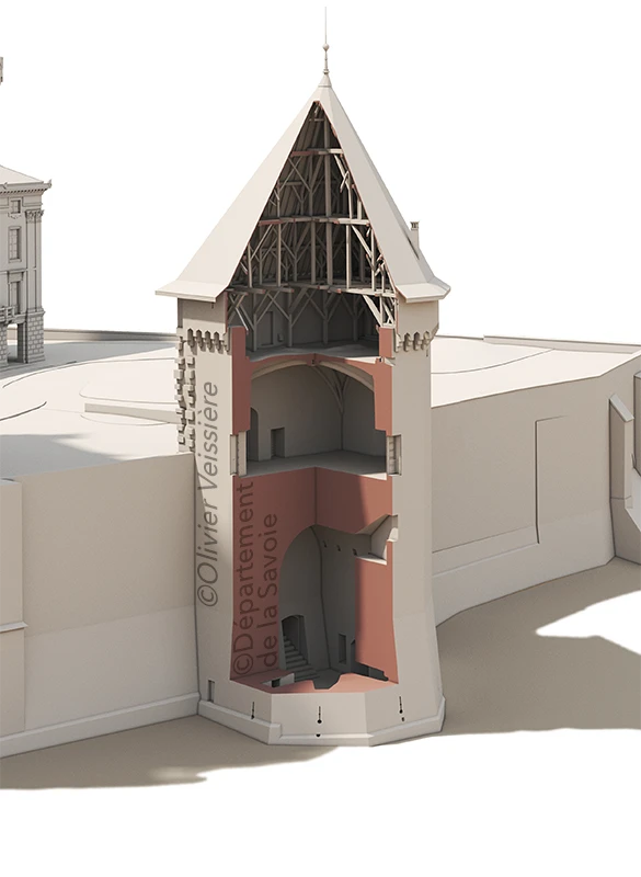 Maquette numérique des tours médiévales dans leur état actuel, pour la construction des futures esquisses de restitution historique.