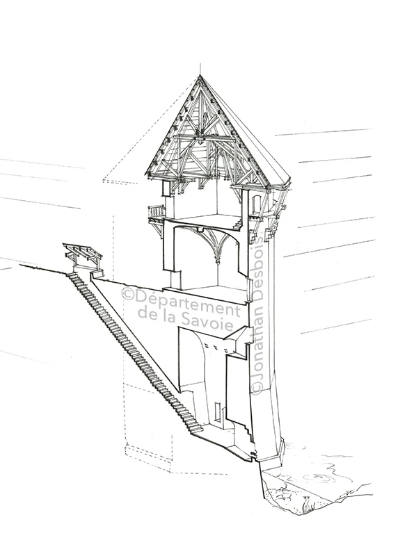 Esquisse préparatoire pour la restitution historique des tours de la Trésorerie et du Carrefour au château des Ducs de Savoie.