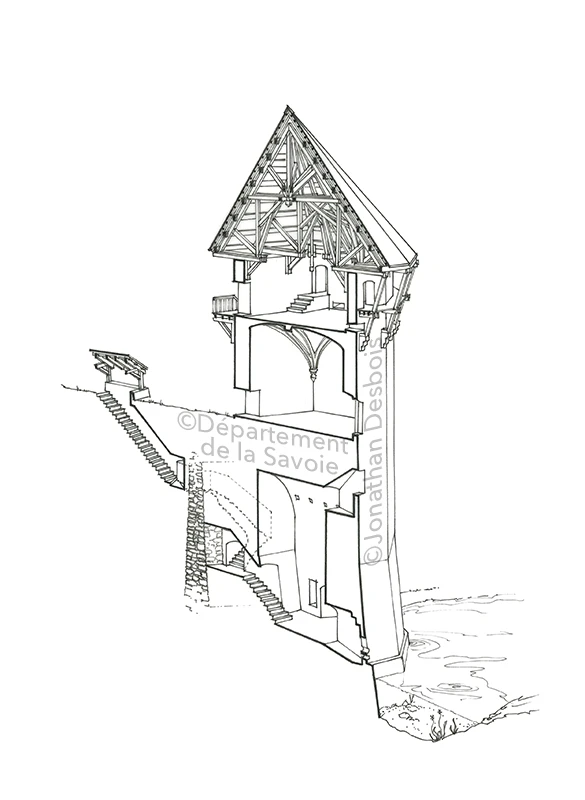 Esquisse préparatoire pour la restitution historique des tours de la Trésorerie et du Carrefour au château des Ducs de Savoie.