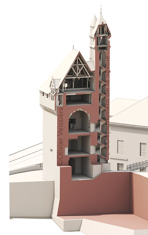 Maquette numérique des tours médiévales dans leur état actuel, pour la construction des futures esquisses de restitution historique.