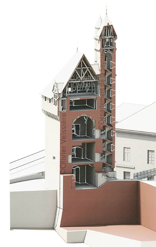 Maquette numérique des tours médiévales dans leur état actuel, pour la construction des futures esquisses de restitution historique.