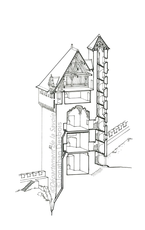 Esquisse préparatoire pour la restitution historique des tours de la Trésorerie et du Carrefour au château des Ducs de Savoie.