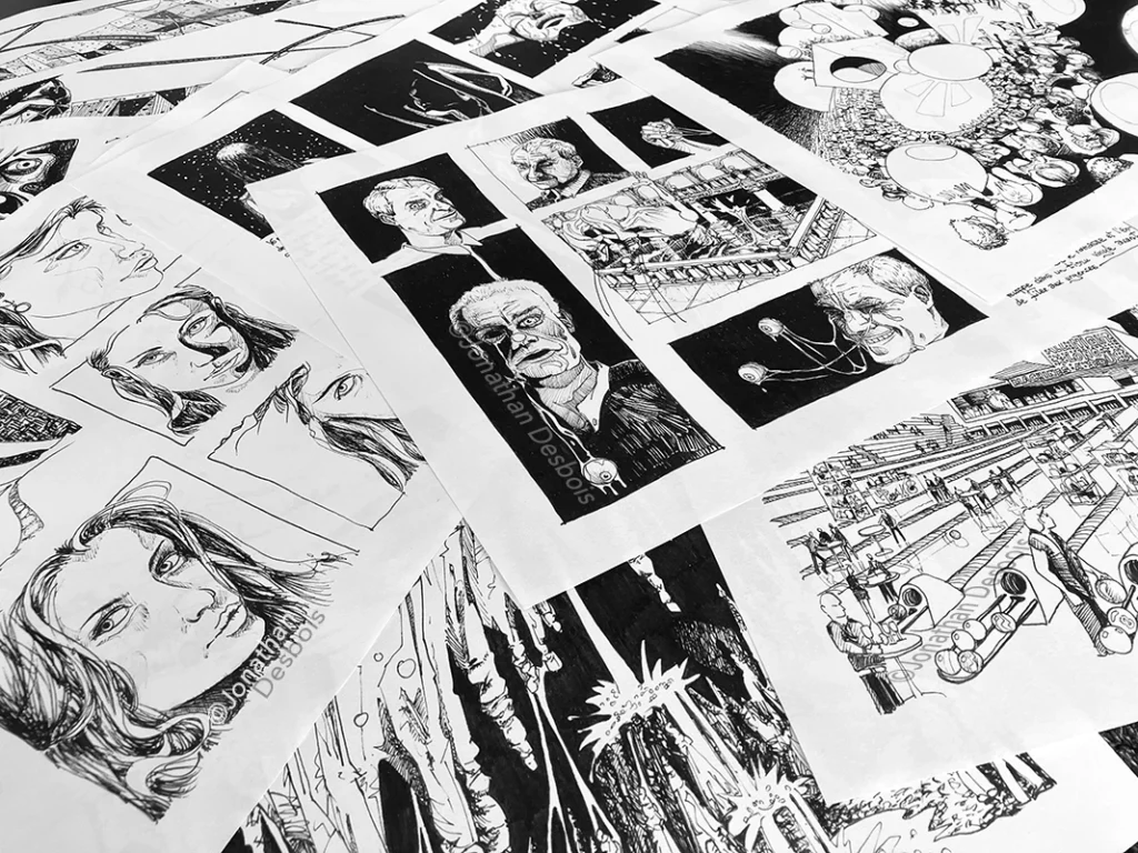 Photographie de planches destinées à une exposition de dessins.